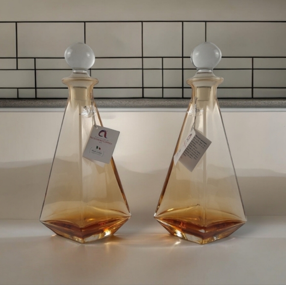 MURANO DECANTER SET Hand-Blown Glass Italy Venetian Amber Barware Bar Wine MCM - Picture 1 of 12